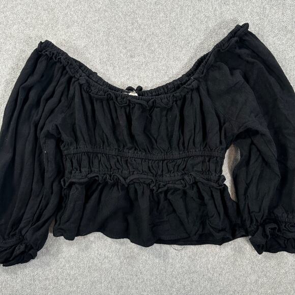 Entro Off Shoulder Cropped Peasant Blouse Women's Medium Black Pleated Ruffle - Picture 7 of 7